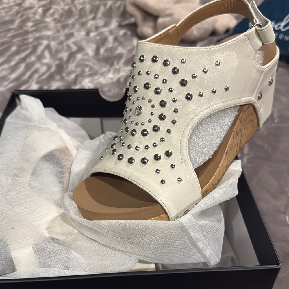 Corkys White and Tan Wedge Shoes with Studded Details
